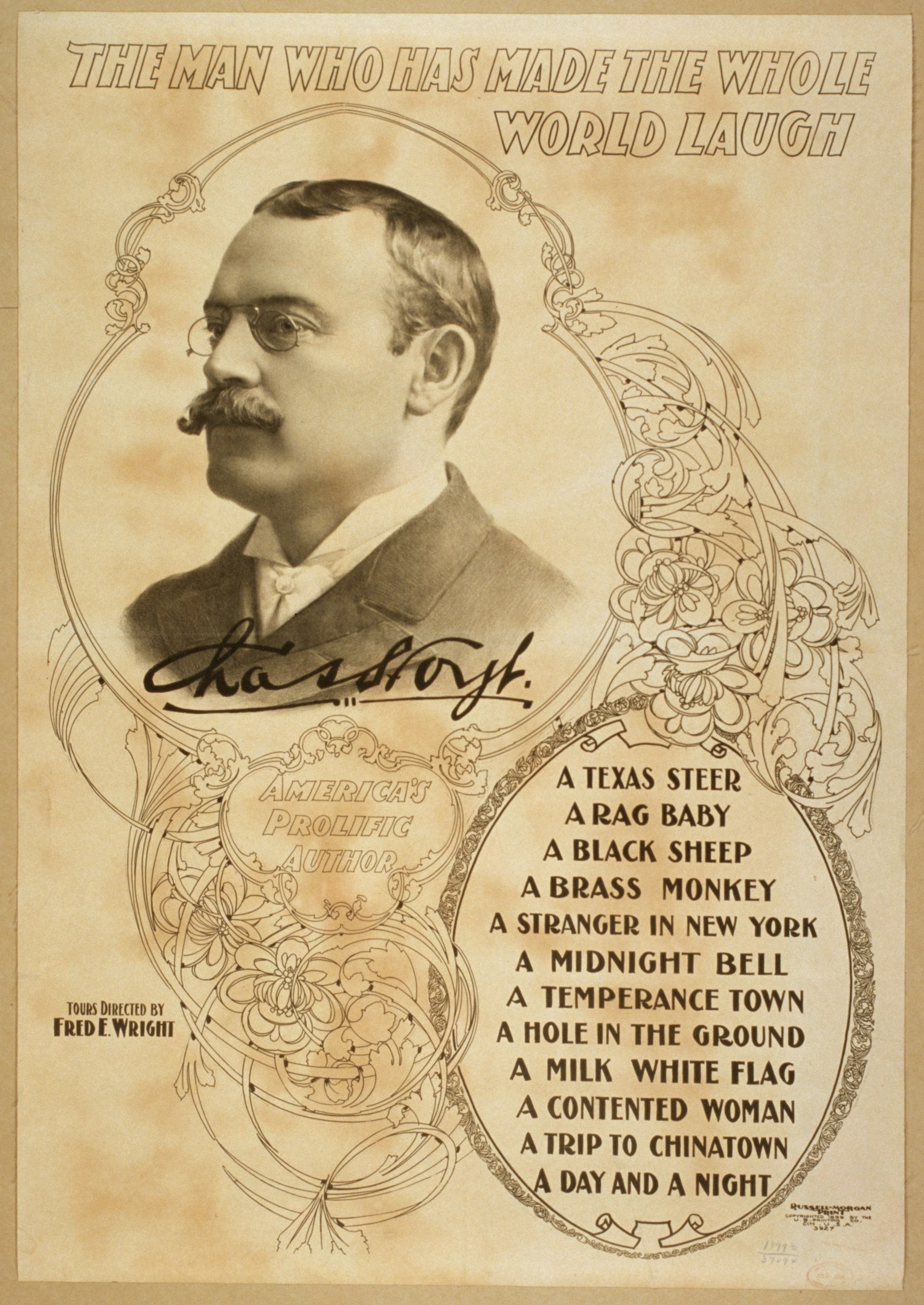 Plakat eines Mannes mit Schnurrbart und Brille in Anzug und Krawatte, betitelt "Der Mann, der die ganze Welt zum Lachen gebracht hat", mit ernster Miene und konzentriertem Blick.