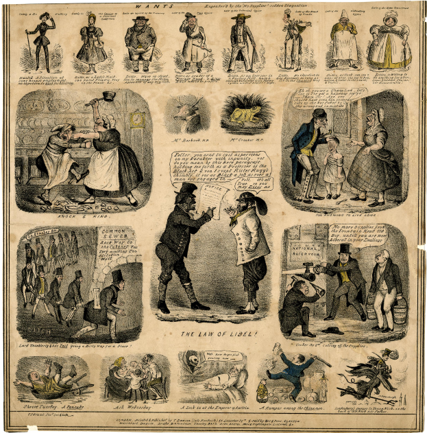 Ein altes Buch mit einer Karikatur eines Mannes in Zylinder und Mantel und einer Frau in einem Kleid, die ein Buch hält, beide scheinbar besorgt, mit der Aufschrift "Das Gesetz der Freiheit" in fetter schwarzer Schrift vor einem tiefblauen Hintergrund.