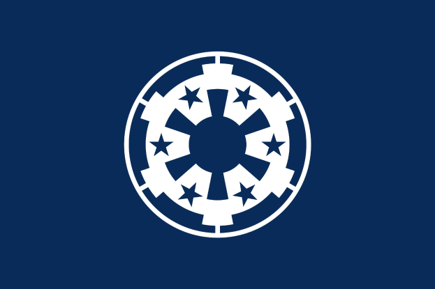 Weißes Star-Wars-Imperium-Logo auf einem tiefblauen Hintergrund.