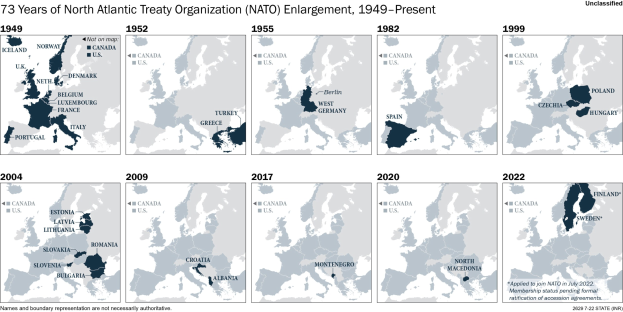 Karte der NATO-Erweiterung von 1949 bis heute, die den Zusatz von Mitgliedsländern nach Jahr und Region zeigt.