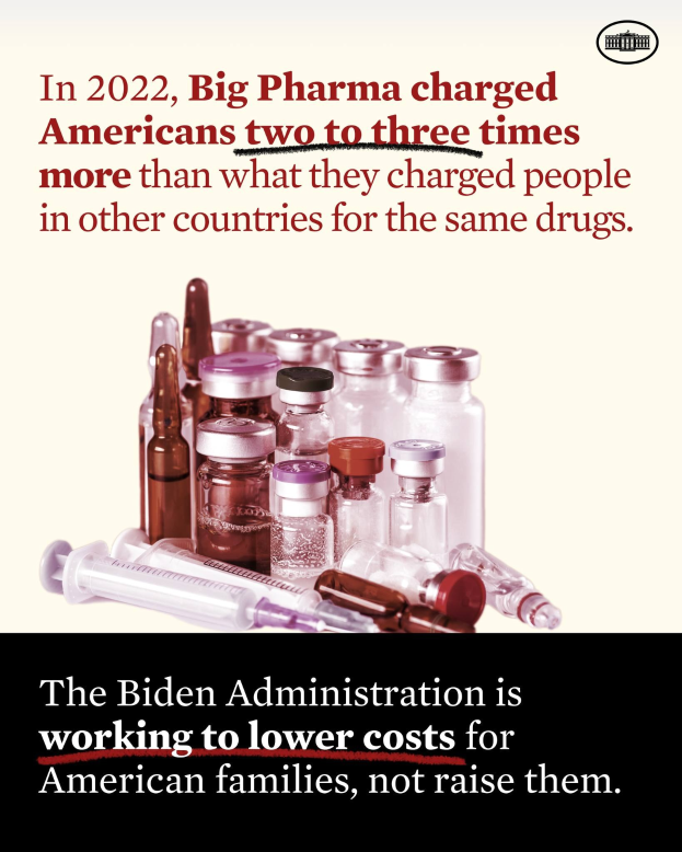 Plakat, das zeigt, dass Big Pharma 2022 Amerikaner zwei bis drei Mal mehr für dieselben Medikamente berechnet hat als andere Länder, mit Bildern von Medikamentenflaschen und einer Spritze.