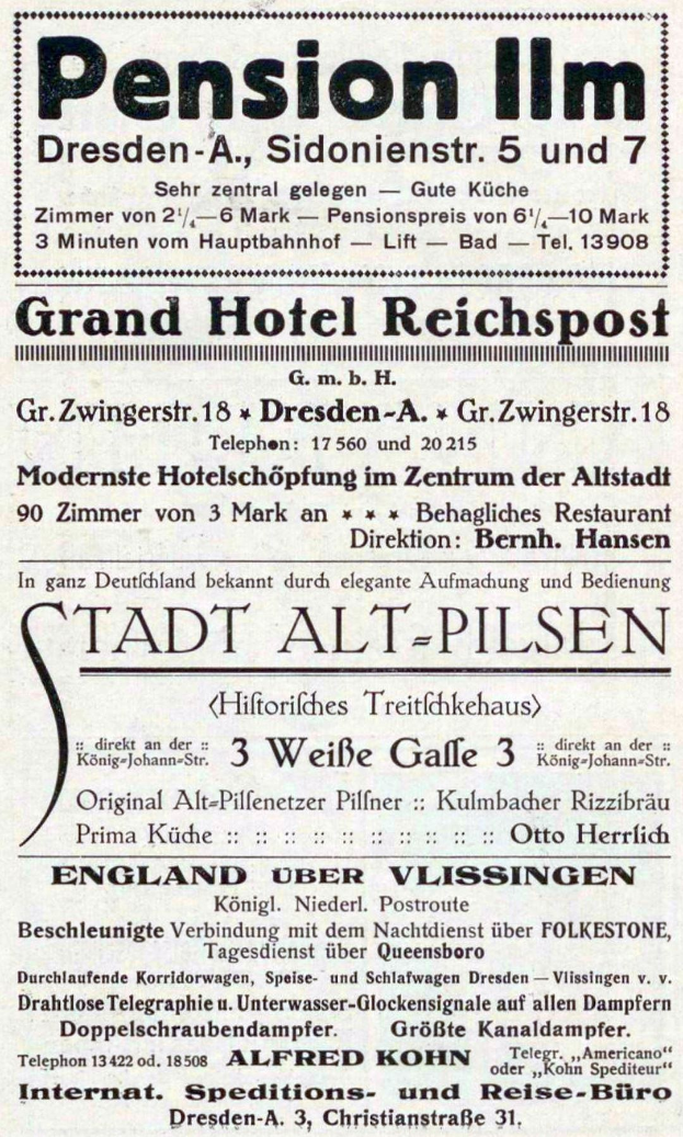 Schwarze und weiße Zeitungsanzeige für eine Pension in Dresden, Deutschland, mit Text auf weißem Hintergrund.