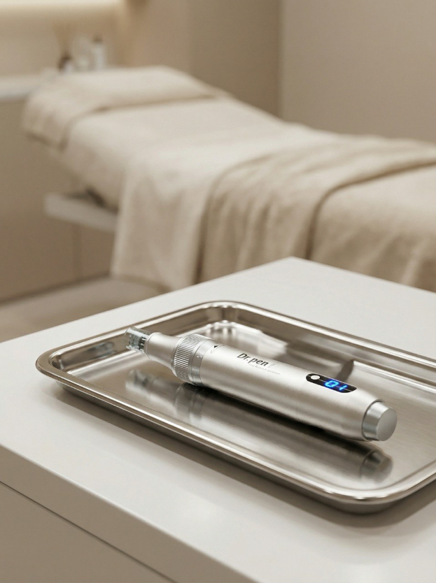 Ein modernes Microneedling-Gerät auf einem desinfizierten Tablett in einem professionellen Kosmetikstudio.