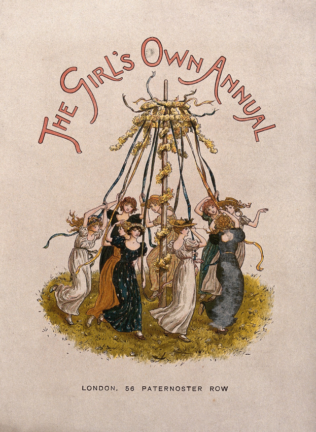 Schwarz-weiß-Illustration eines Maibaumtanzes aus "The Girl's Own Annual", das eine Gruppe von Menschen in bunten Kleidern und einen geschmückten Maibaum mit Bändern zeigt.