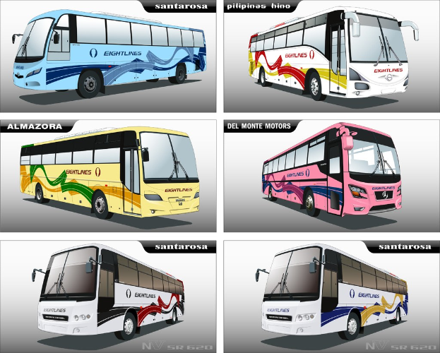 Sechs Busse auf einer Straße mit dem Text "Bearbeitetes Foto" sichtbar.