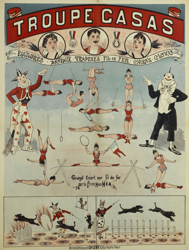 Plakatankündigung für eine Zirkusvorstellung in Paris, Frankreich, mit Bildern von Künstlern in bunten Kostümen und Masken, Tieren und dem Text "Troupe Casas".