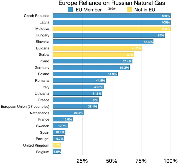 Balkendiagramm, das den prozentualen Anteil von Russlands Naturgasimporten in Europa zeigt, mit landesspezifischen Daten und Investitionsprozenten.