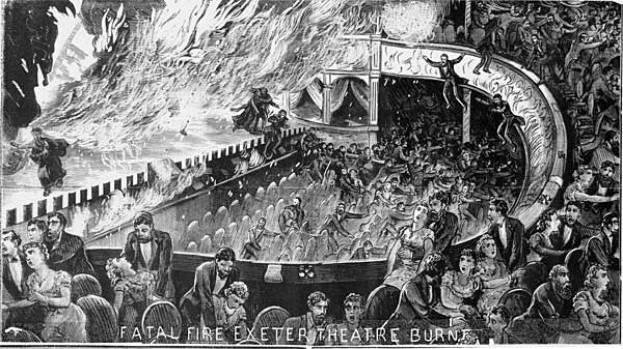 Schwarze und weiße Illustration einer panischen Menge in einem brennenden Theater, mit der Unterschrift "Tödlicher Brand Exeter Theatre Burn" unten.