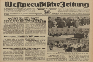 Titelseite der deutschen Zeitung "Weitpreubliche Zeitung" vom 13. November 1939 mit einer Gruppe von Menschen in traditioneller deutscher Kleidung in einer feierlichen Umgebung.
