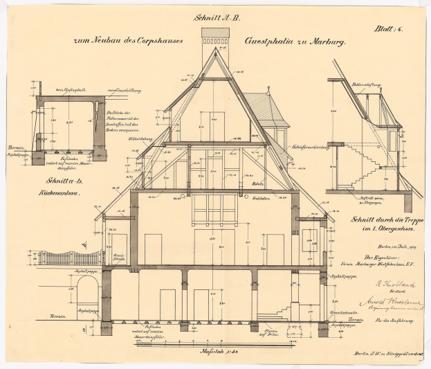 Eine detaillierte architektonische Zeichnung eines Hauses mit zahlreichen Fenstern und einem Dach, identifiziert als das erste Haus in Deutschland, begleitet von strukturellen Plänen und Text auf Papier.