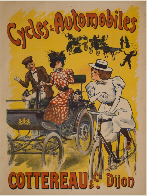 Plakat bewirbt Fahrräder und Automobile in Cottereau und Dijon, Frankreich, mit Menschen auf Fahrrädern und einer Kutsche.