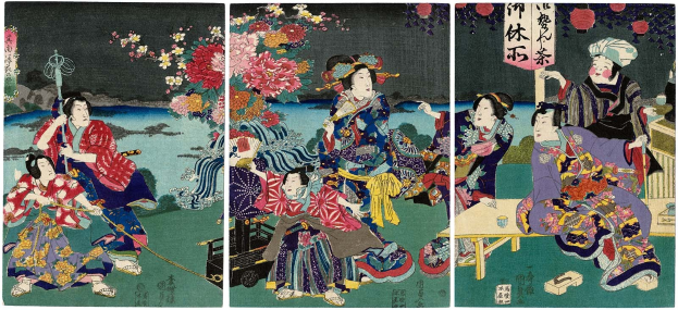 Japanisches Holzschnittbild von Utagawa Kunisada Toyokuni III/Kuniyoshi III aus der Serie "Fifty-Three Stations of the Tokaido", das eine Gruppe in traditioneller Kleidung zeigt, wobei einer einen Stock und ein anderer ein Banner mit Text hält, mit floralen und natürlichen Elementen im Hintergrund.