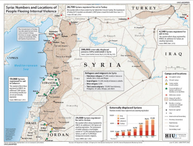 Ein Plakat mit einer Karte von Syrien mit Daten zu Binnenflüchtlingen aufgrund von Gewalt, begleitet von erklärendem Text und Grafiken.