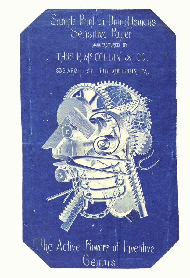 Ein blaues Buch mit dem Titel "Die aktiven Kräfte des erfinderischen Genies" mit einem weißen Cover, das das entschlossene Gesicht eines Mannes zeigt.