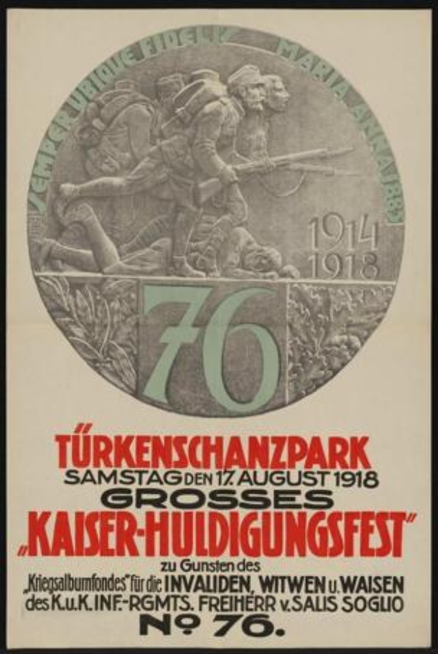 Plakat zum 70-jährigen Jubiläum des Kaiser-Huldigungsfestes in Berlin, Deutschland, das eine Gruppe von Menschen mit Text und Zahlen in einem gerahmten Design zeigt.
