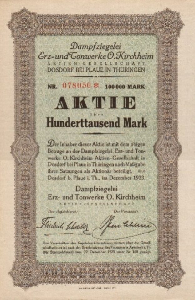 Altes deutsches Aktienzertifikat mit einem Mannporträt und gedrucktem Text, das likely den Ursprung der Aktie beschreibt.