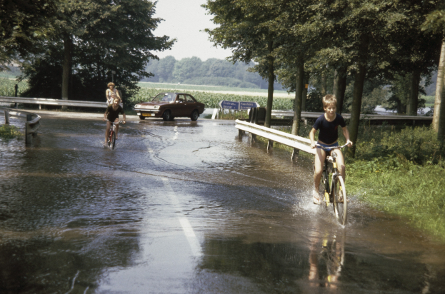 Eine Gruppe von Menschen fährt mit Fahrrädern eine überflutete Straße hinunter, mit einem daneben fahrenden Auto, umgeben von Bäumen und Pflanzen, unter einem klaren blauen Himmel.