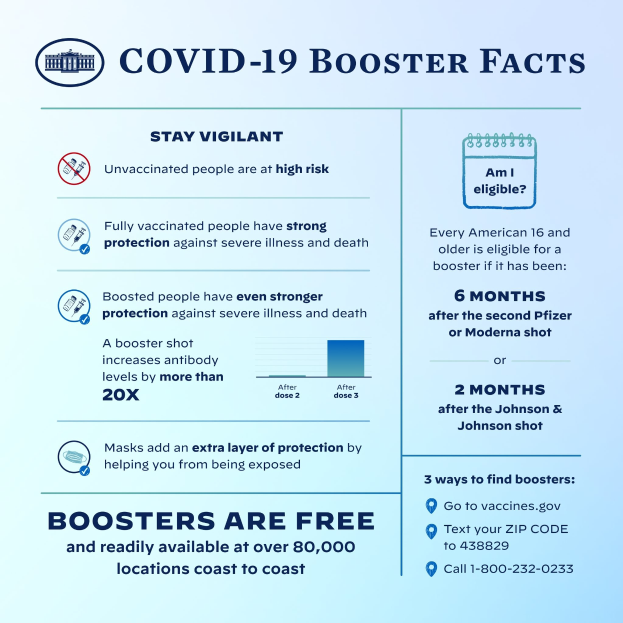 Plakat mit Text und Bildern über COVID-19-Booster-Fakten, einschließlich Infektionsstatistiken, Virusart, Risiken und einer Grafik einer Person mit Mund-Nasen-Schutz.
