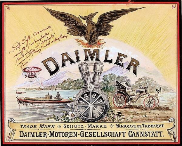 Plakat mit einer Kutschen-Darstellung, einem Boot auf dem Wasser, Tälern, Bergen, einem Adler und dem Text "Daimler Motor-Motoren-Gesellschaft Cannstatt".
