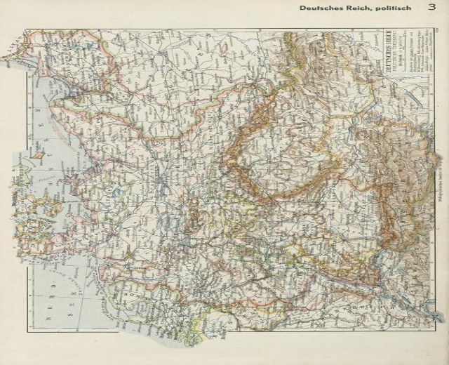 Alte Karte aus dem 19. Jahrhundert, die die politischen Grenzen Deutschlands zeigt, auf Papier gedruckt mit Text oben und unten.
