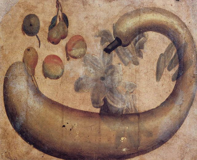 Gemälde einer Banane mit einer Blume darauf, umgeben von verschiedenen Früchten und Blättern auf einem Papier mit leuchtenden Farben und klaren Details.