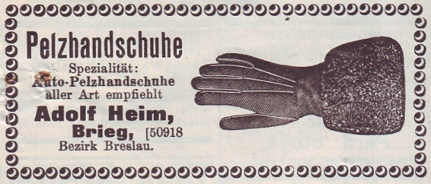 Eine alte deutsche Visitenkarte mit einem Bild von Handschuhen und einem Text, der den Inhalt der Karte beschreibt.
