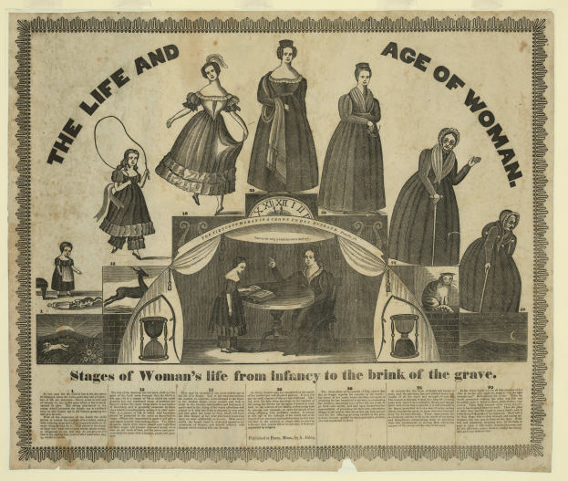 Eine farbenfrohe Papierreproduktion, die die Lebensphasen einer Frau von der Kindheit bis ins hohe Alter zeigt, mit fetter Schrift und detaillierten Elementen.