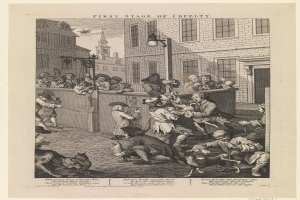 Gruppe von Menschen und Tieren versammelt sich vor einem Gebäude mit Fenstern und einer Laterne, mit einem Himmel im Hintergrund und dem Text "Erste Stufe der Grausamkeit" unten.