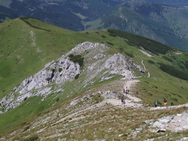 Gruppe von Menschen beim Wandern auf einem Berghang mit grünem Gras und steinigem Gelände, der Himmel ist im Hintergrund sichtbar.