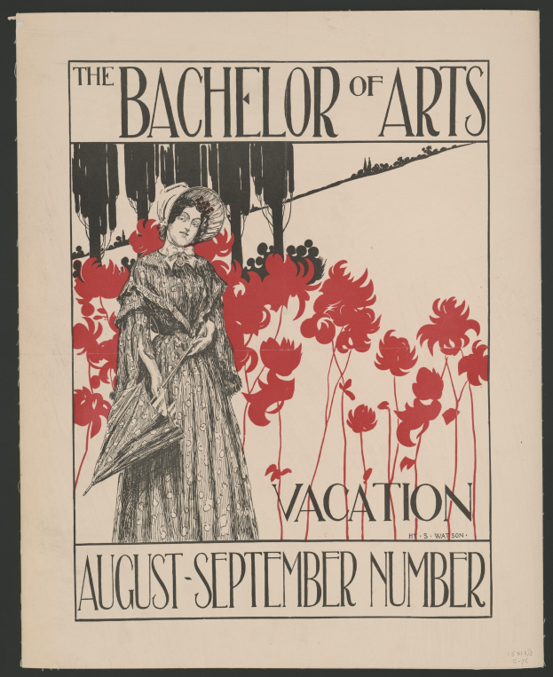 Plakat mit schwarzem Hintergrund, das eine Frau in einem weißen Kleid mit einem blauen Schultertuch und einem weißen Hut zeigt, die in einem Feld gelber Blumen unter einem blauen Himmel steht, mit dem Text 'The Bachelor of Arts Vacation August-September Number' in weißer Schrift umgeben von einem goldenen Rahmen.