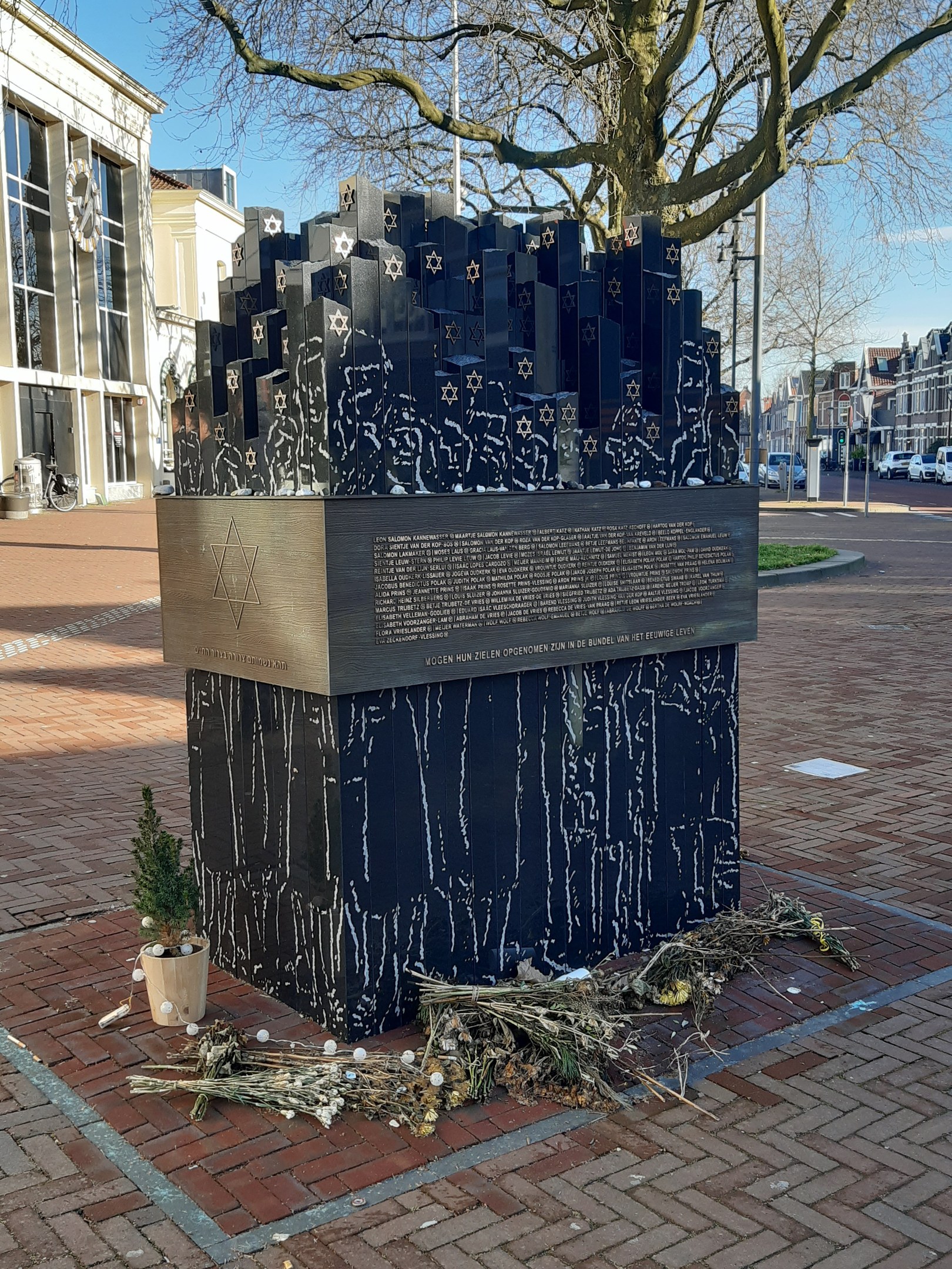 Denkmal in einem Stadtplatz fur Holocaust-Opfer, mit einem Baum davor, einer Topfpflanze auf dem Boden, verstreute trockene Blatter, umgeben von Gebauden, Fahrzeugen, Pfosten, Baumen und Himmel.
