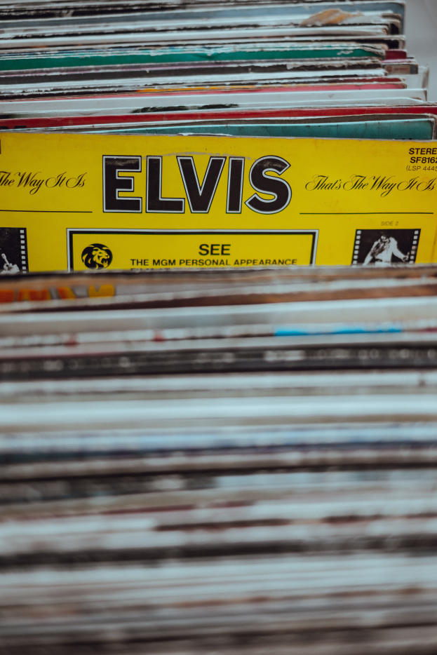 Ein ordentlicher Stapel Elvis-Presley-Platten auf einem Tisch, mit einigen überlappenden und sichtbaren Titeln, vor einem leicht unscharfen Hintergrund.