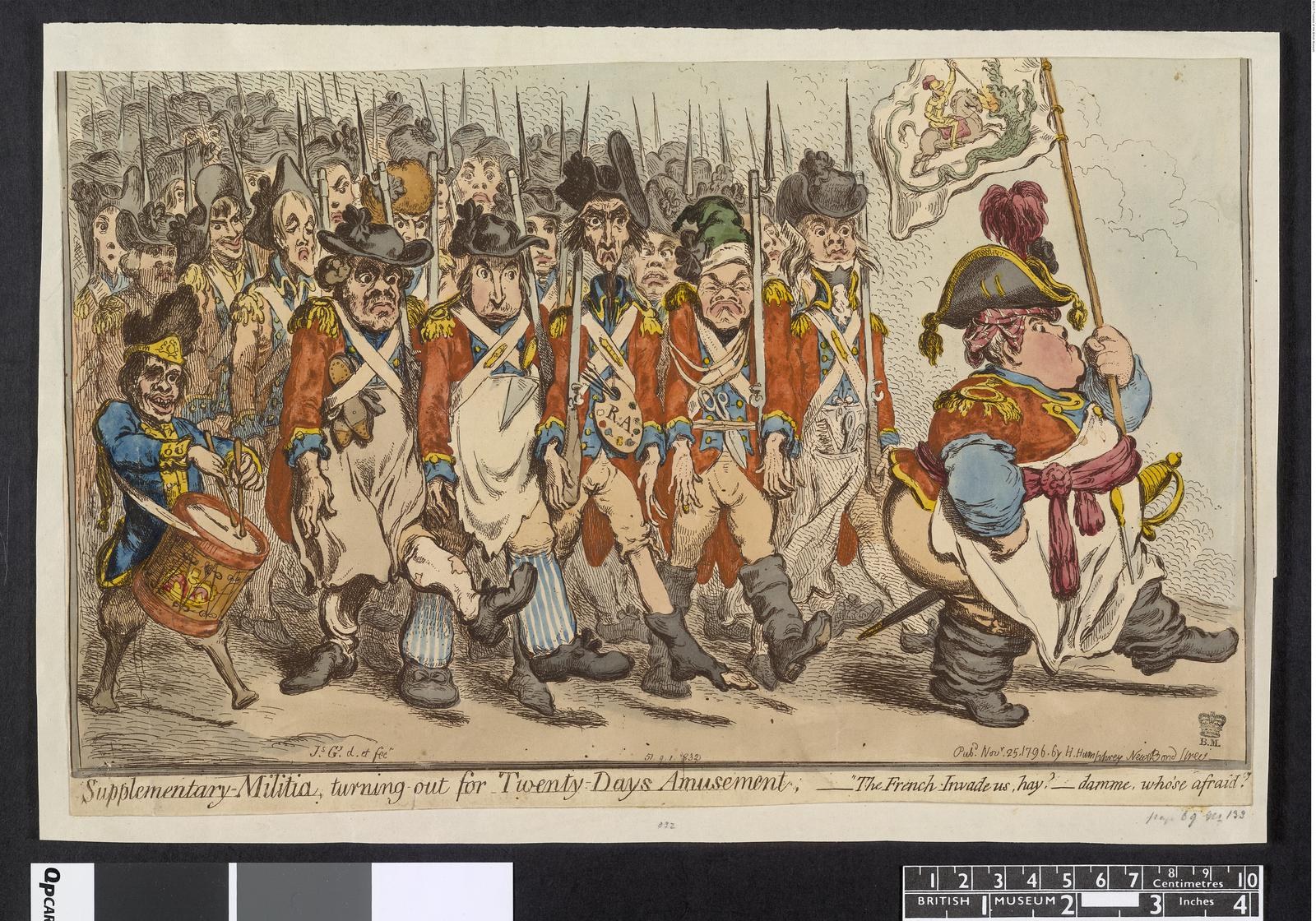 Gruppe von Männern in Militäruniformen marschiert auf einer Straße, einer hält einen Stock in der Hand, mit Text unten: 'Ergänzungsmilitär, Ausmarsch für Zwanzig-Tage-Vergnügen'.