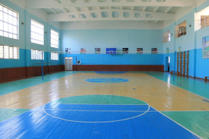 Großer Turnsaal mit blau-weißem Boden, Basketballfeld, Netz, Stützpfosten, einer Tür, Fenstern, Wandplakaten, einem Geländer und einer Dachkonstruktion.
