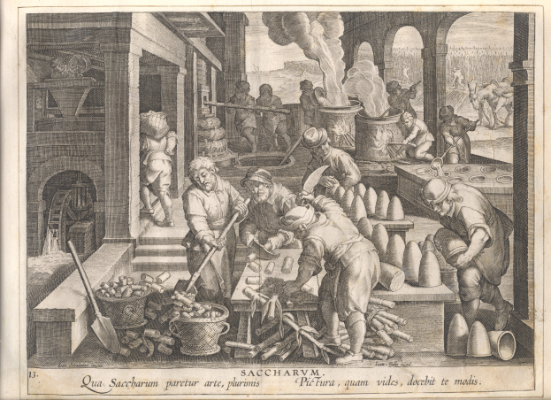 Eine Gravur einer Gruppe von Menschen, die in einer Fabrik arbeiten und Werkzeuge halten, mit Töpfen, Eimern und anderen Gegenständen drumherum und Text unten.