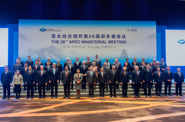 Gruppe von Menschen in formeller Kleidung auf einer Bühne mit einem "Asia Pacific Economic Cooperation Summit"-Hintergrund, Treppen, Plakaten und Lichtern.