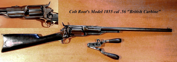 Colt Model 1855 Cal. 56 British Carbine mit Holzfläche und eingraviertem Text.