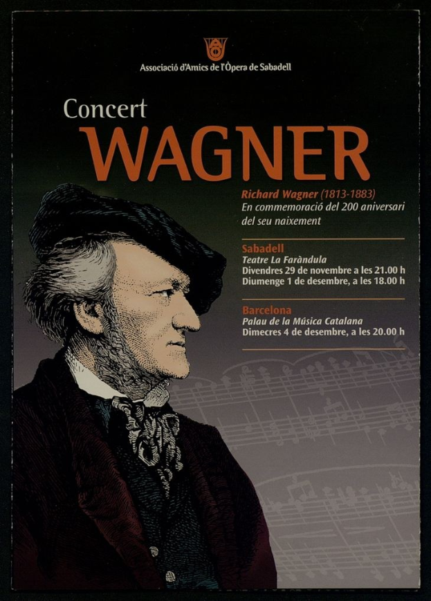 Ein Konzertplakat mit einem zentralen Porträt von Richard Wagner in einem schwarzen Anzug und einem weißen Hemd, mit zurückgekämmtem Haar und einem ernsten Gesichtsausdruck, vor einem hellblauen Hintergrund mit fetter schwarzer Schrift.