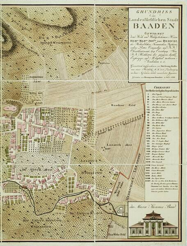 Ein detaillierter alter Stadtplan von Baden-Württemberg, Deutschland, der Straßen, Gebäude und Sehenswürdigkeiten zeigt, mit Text, der zusätzliche Informationen zur Stadt liefert und ein Gebäude im rechten unteren Eck.