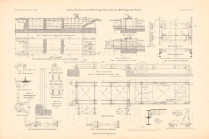 Detailgenauer technischer Zeichnung eines Zugs auf dem Cover eines alten Buches, beschriftet mit Komponenten wie Motor und Getriebe.