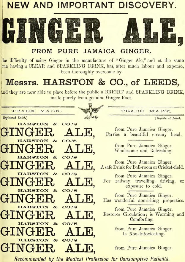 Werbung für Harston & Co. Ingwerlimonade aus Leeds mit Text auf altem Papier.