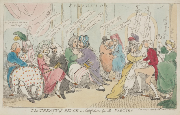 Ein Blatt Papier mit einer Zeichnung von sitzenden und stehenden Menschen, die über eine Vereinbarung mit der Überschrift "Der Friedensvertrag für alle Parteien" diskutieren.