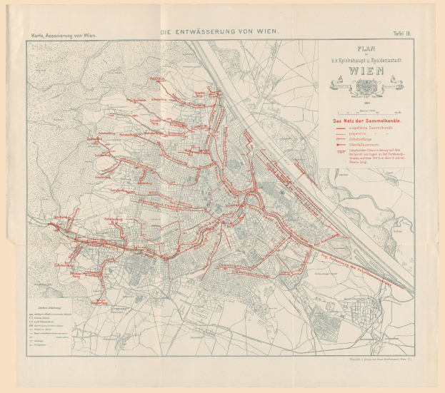 Alte Karte von Wien, Deutschland, mit roten Linien, die eine Bahnroute markieren, auf Papier gedruckt mit handgeschriebener Text.