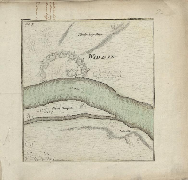 Ein altes Buch mit einer detaillierten Karte eines Flusses mit geografischen Merkmalen wie Bergen und Städten, begleitet von erklärendem Text.