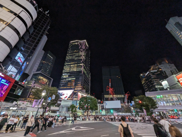 Eine belebte nächtliche Stadtstraße mit Fußgängern, hohen Wolkenkratzern im Hintergrund und urbanen Elementen wie Bäumen, Pfählen, Brettern und Verkehrszeichen.