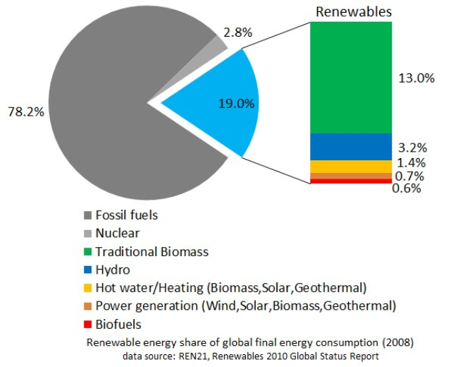 Tortendiagramm, das den globalen erneuerbaren Energieverbrauch im Jahr 2008 zeigt, aufgeschlüsselt nach Quelle einschließlich fossiler Brennstoffe, Kernenergie, Wasserkraft, Warmwasser, Heizung, Biomasse, Solarenergie, Geothermie und Biokraftstoffe.