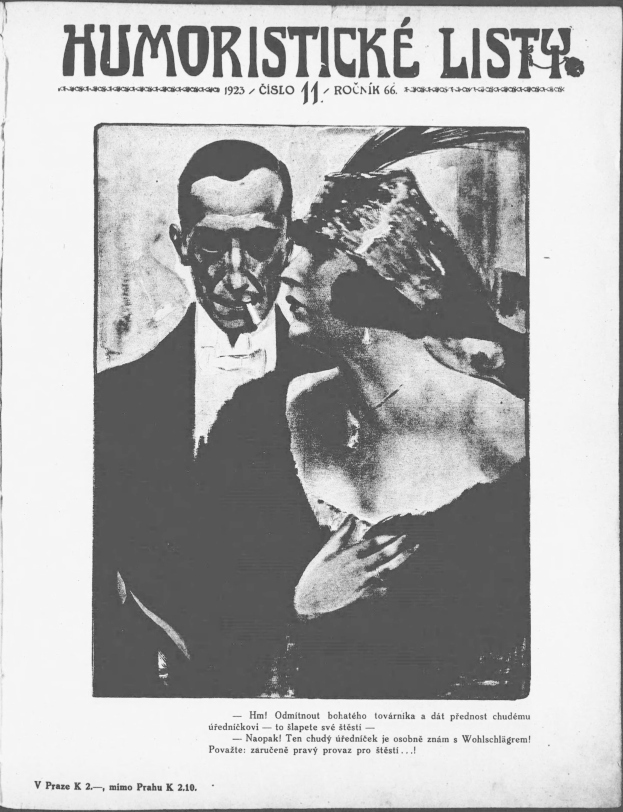 Schwarz-weißes Magazin-Cover mit der Überschrift 'Humoristische Liste', das einen Mann in einem Anzug mit ernster Miene und eine Frau zeigt, die wegsieht und leicht schmunzelt.