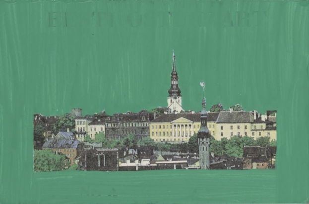 Stadtlandschaftsmalerei mit grünem Hintergrund, mit Gebäuden und Bäumen.