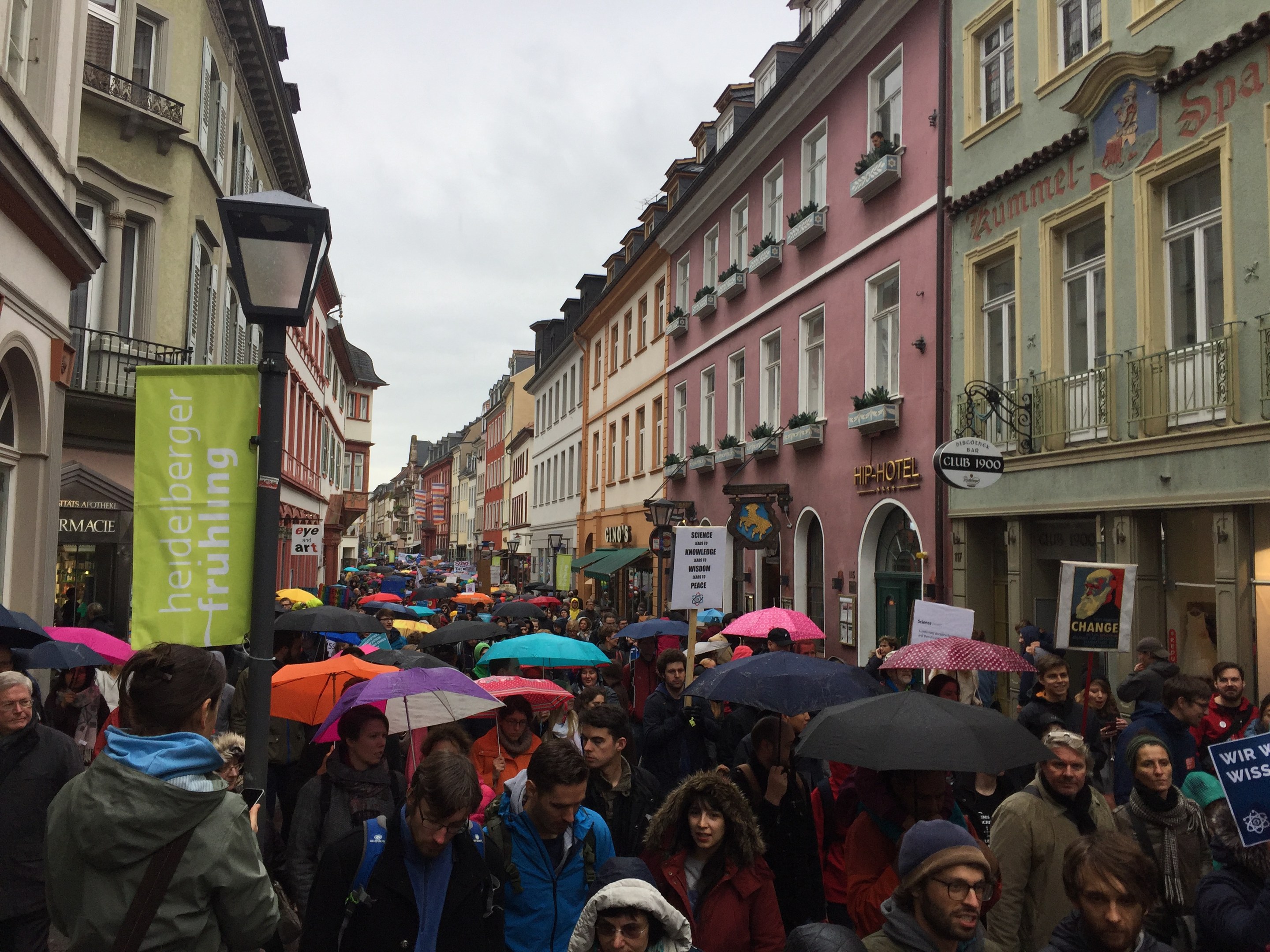 Eine große Gruppe von Menschen, die auf einer Straße während eines Klimastreiks in Deutschland marschieren, viele mit Schirmen, Taschen und Schildern, mit Gebäuden und einem Lichtmast im Hintergrund.