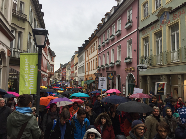 Eine große Gruppe von Menschen, die auf einer Straße während eines Klimastreiks in Deutschland marschieren, viele mit Schirmen, Taschen und Schildern, mit Gebäuden und einem Lichtmast im Hintergrund.